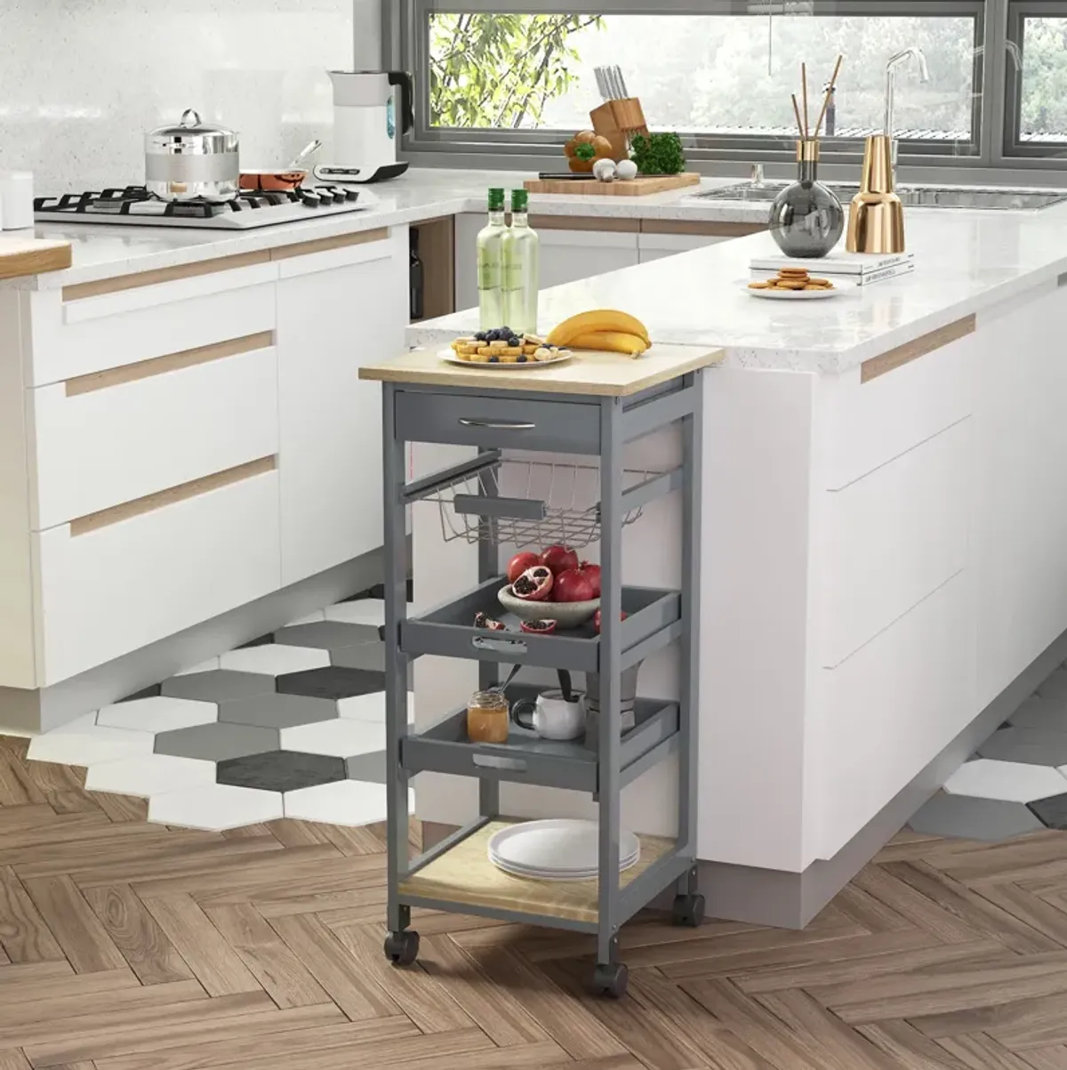 Gray Kitchen Helper: Rolling Cart with Tray and Basket