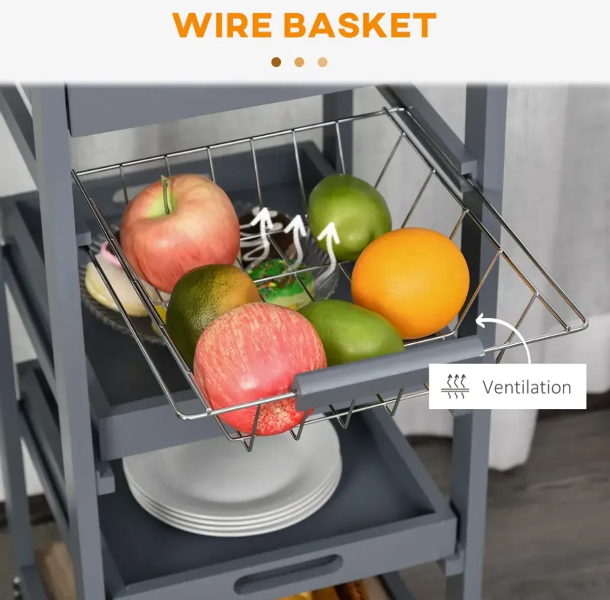 Gray Kitchen Helper: Rolling Cart with Tray and Basket