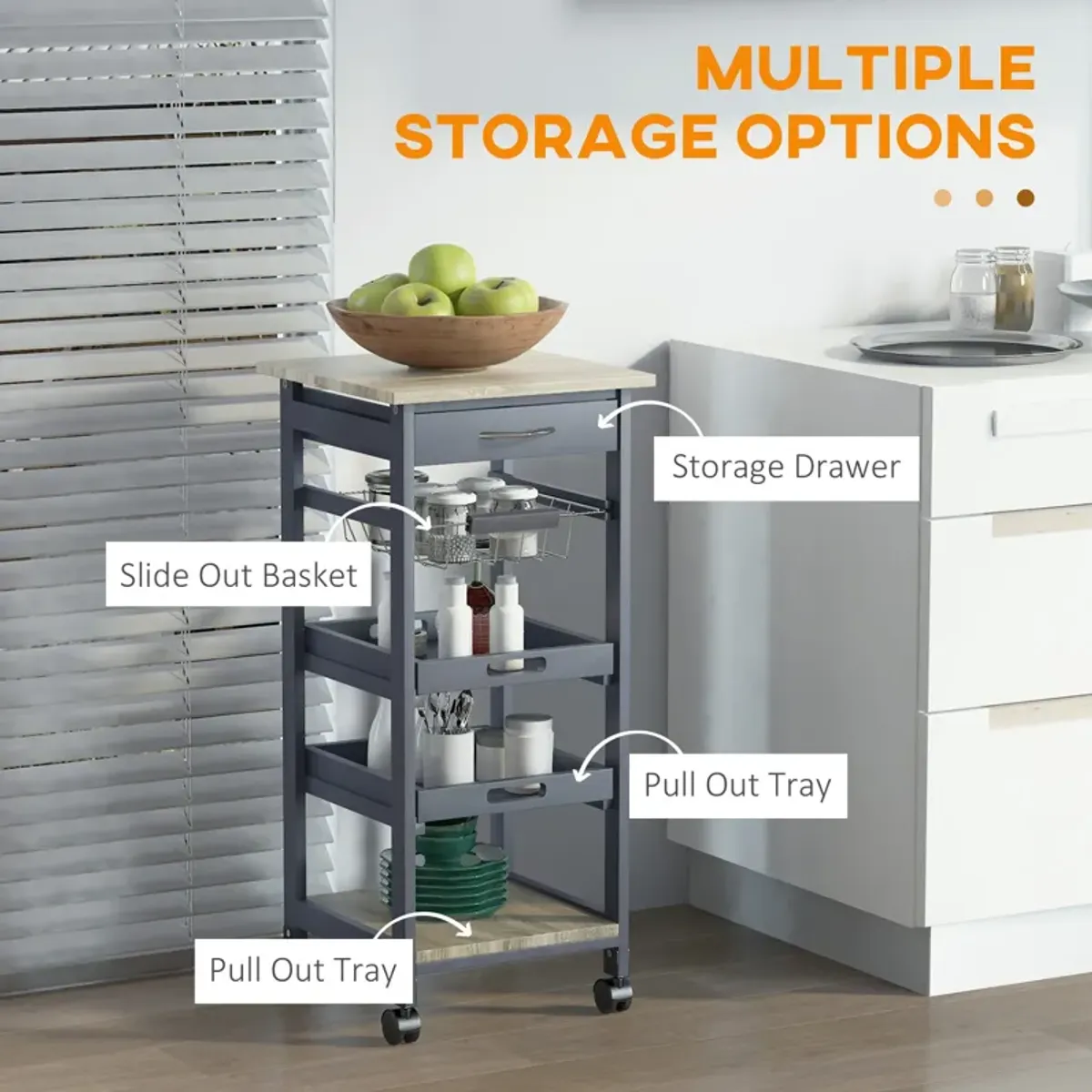 Gray Kitchen Helper: Rolling Cart with Tray and Basket