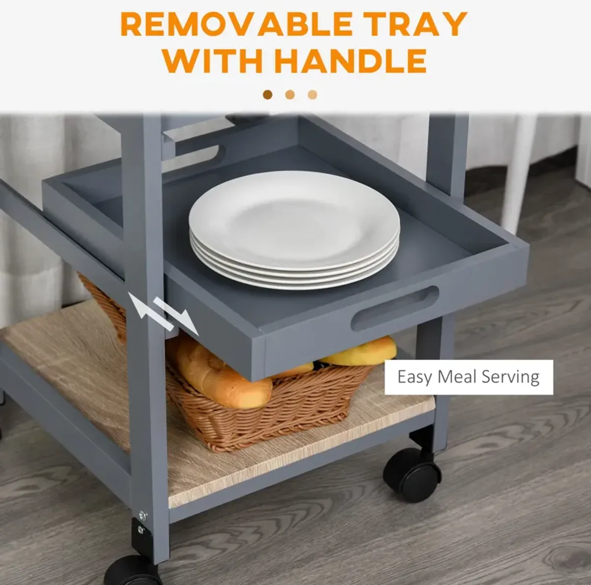 Gray Kitchen Helper: Rolling Cart with Tray and Basket