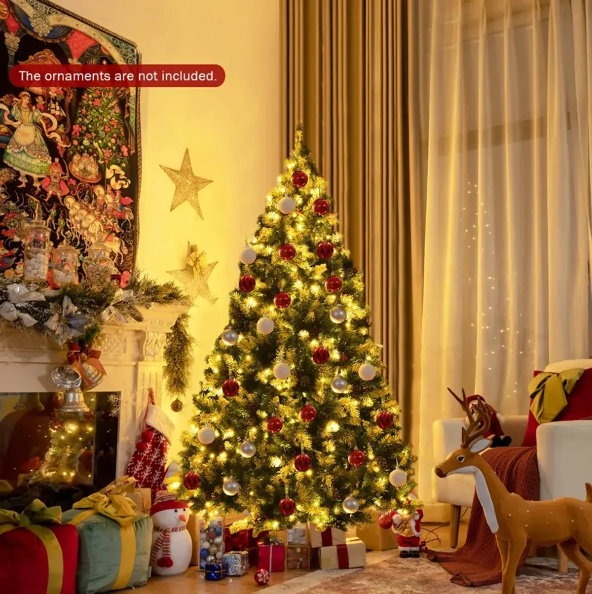 Pre-lit Snow Flocked Christmas Tree with Red Berries and LED Lights