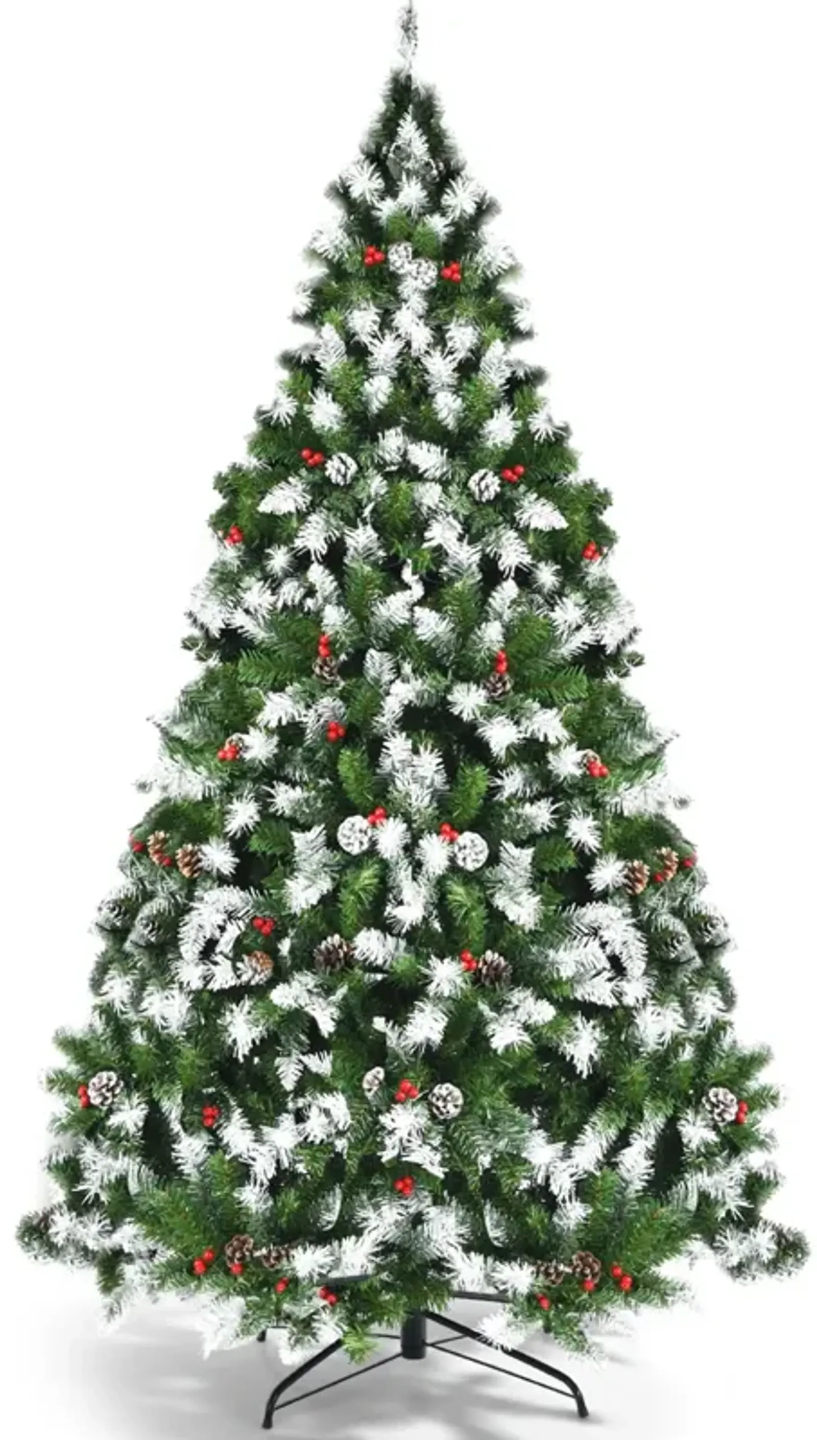 Pre-lit Snow Flocked Christmas Tree with Red Berries and LED Lights