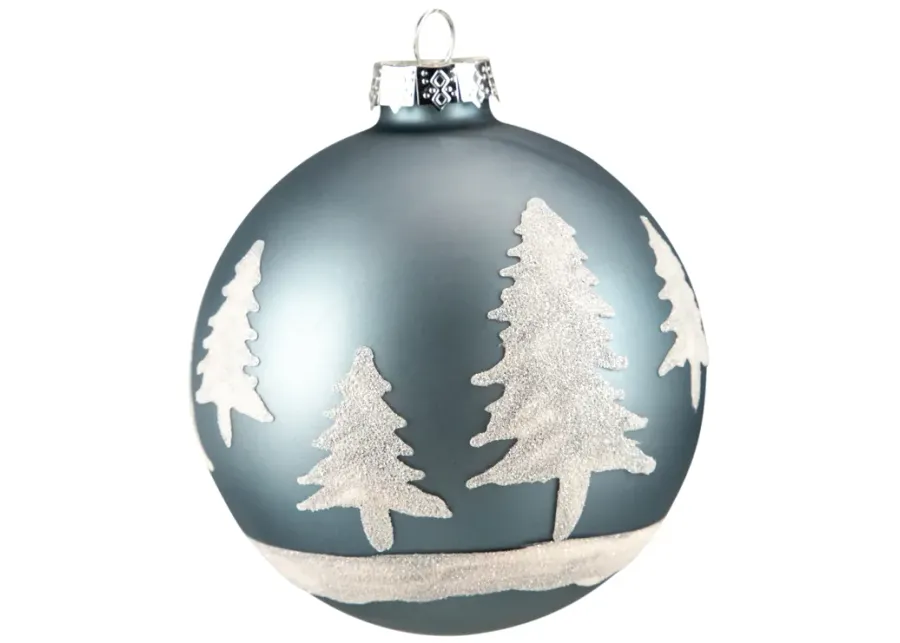 4" Slate Blue with Glittered Trees Glass Ball Christmas Ornament