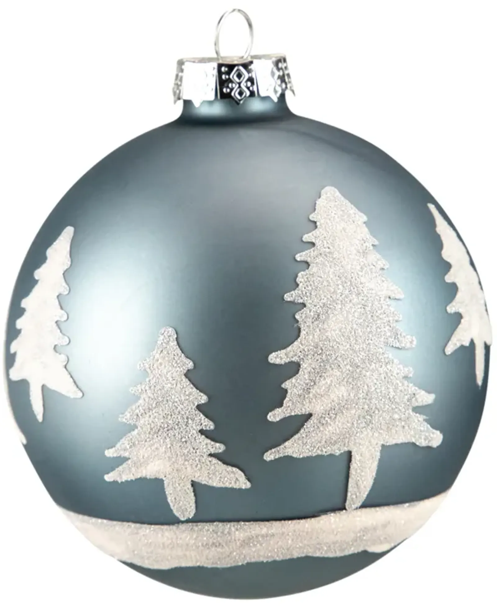 4" Slate Blue with Glittered Trees Glass Ball Christmas Ornament