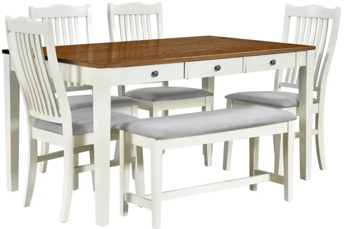 Mid-Century 6-Piece Wood Dining Table Set, Kitchen Table Set With Drawer, Upholstered Chairs