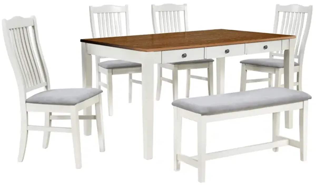 Mid-Century 6-Piece Wood Dining Table Set, Kitchen Table Set With Drawer, Upholstered Chairs