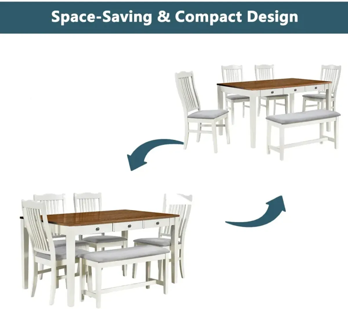 Mid-Century 6-Piece Wood Dining Table Set, Kitchen Table Set With Drawer, Upholstered Chairs