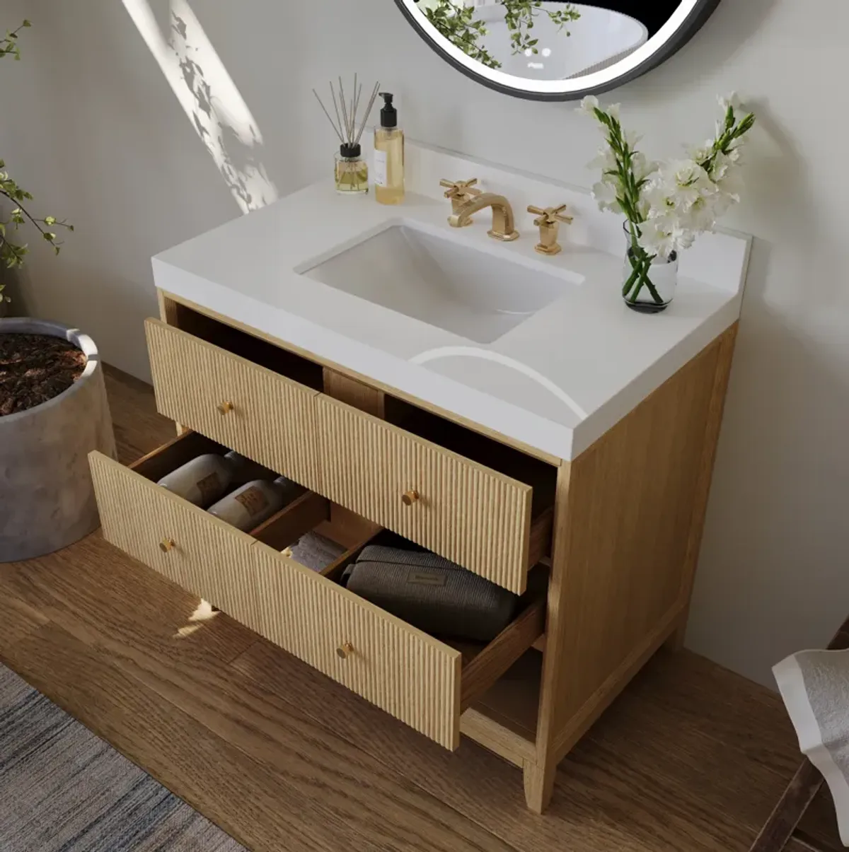 Momo 36 in. Oak Bath Vanity Set with White Quartz Vanity Top and White Undermount Basin