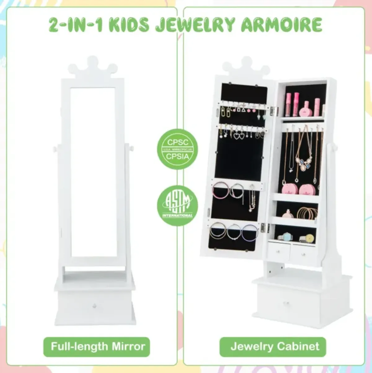 Hivvago 2-in-1 Kids Play Jewelry Armoire with Full Length Mirror and Drawers