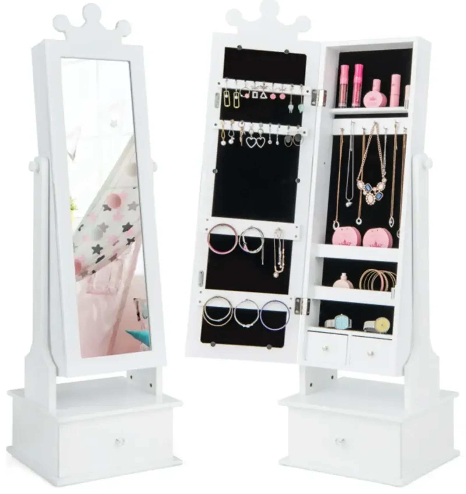 Hivvago 2-in-1 Kids Play Jewelry Armoire with Full Length Mirror and Drawers