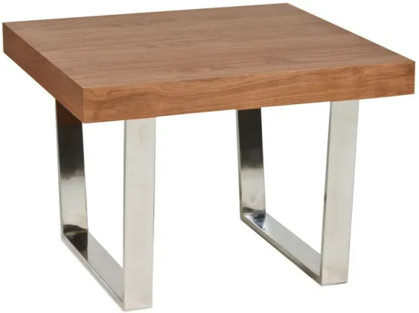 Ien 28 Inch Side End Table, Square Top, Chrome Metal, Walnut Brown Wood - Benzara