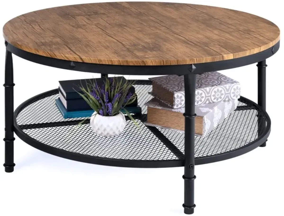 Hivvago FarmHome Industrial Wood Steel Coffee Table 2-Tier Round with Storage Shelves