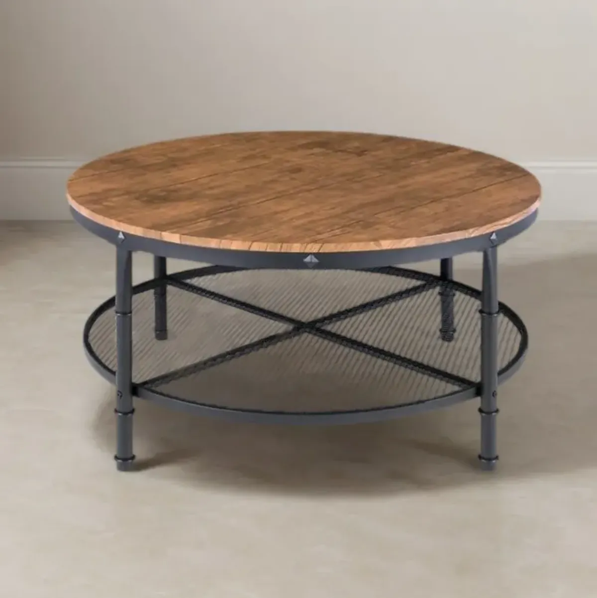 Hivvago FarmHome Industrial Wood Steel Coffee Table 2-Tier Round with Storage Shelves