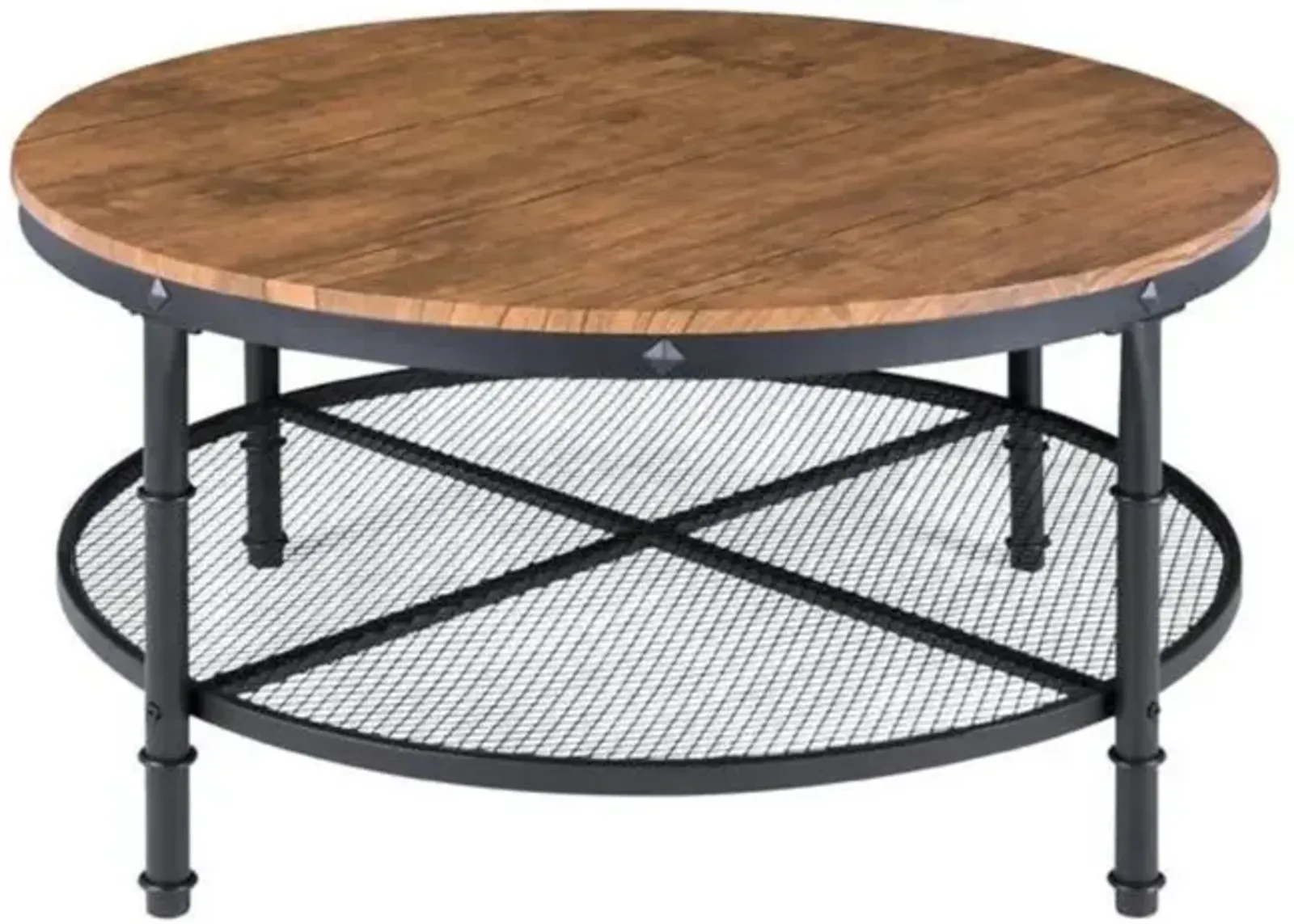 Hivvago FarmHome Industrial Wood Steel Coffee Table 2-Tier Round with Storage Shelves