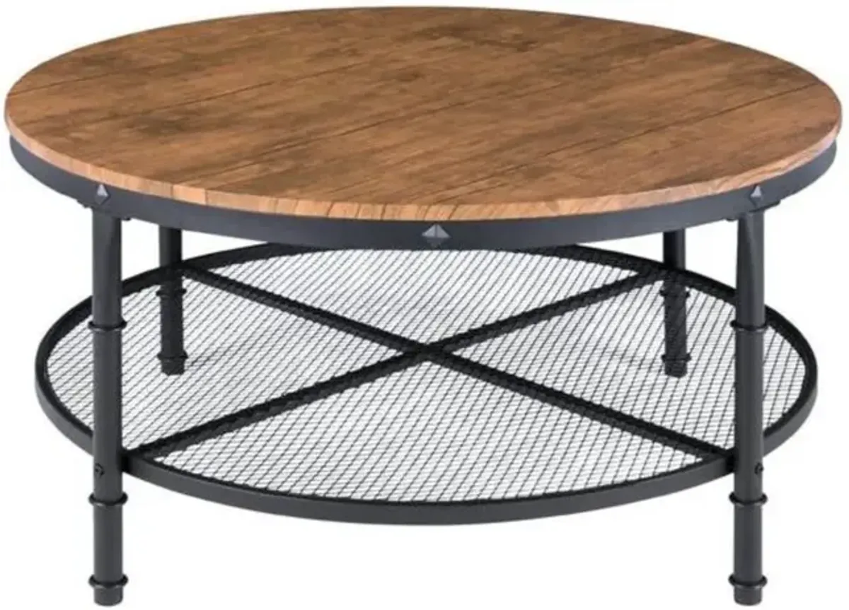 Hivvago FarmHome Industrial Wood Steel Coffee Table 2-Tier Round with Storage Shelves