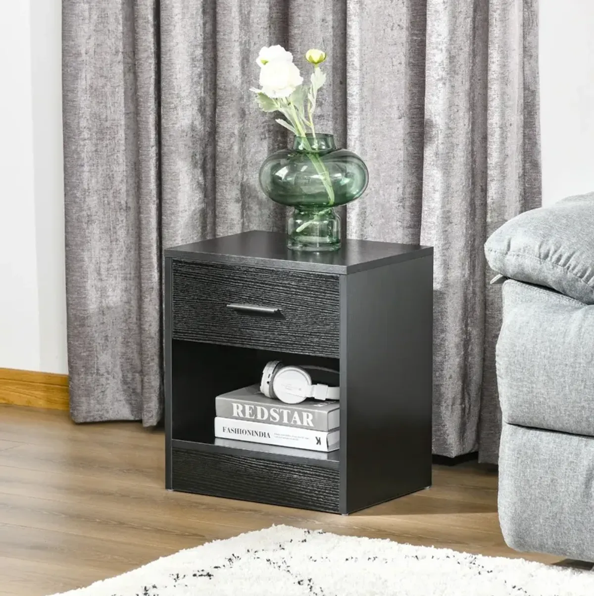 Black Wood Nightstand: Modern End Table with Drawer and Shelf