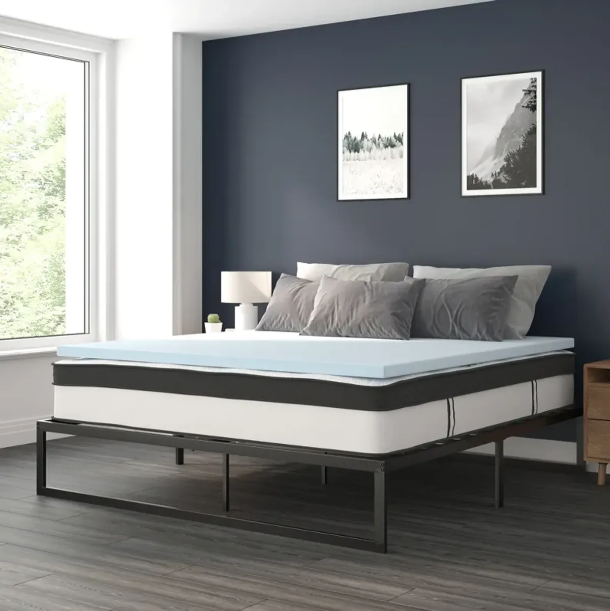 Leo 14 Inch Metal Platform Bed Frame with 12 Inch Pocket Spring Mattress in a Box and 2 Inch Cool Gel Memory Foam Topper - King