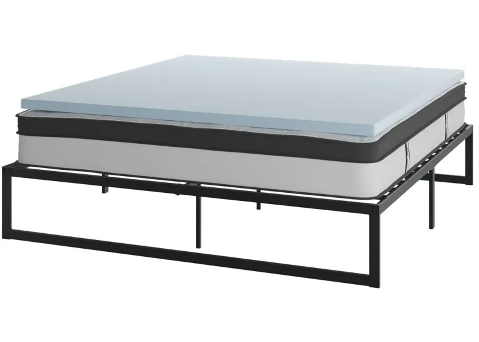 Leo 14 Inch Metal Platform Bed Frame with 12 Inch Pocket Spring Mattress in a Box and 2 Inch Cool Gel Memory Foam Topper - King