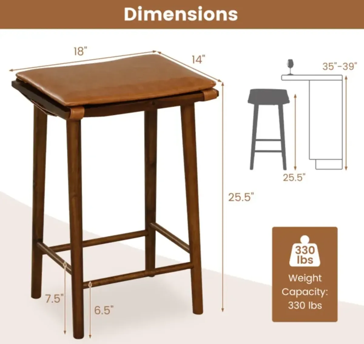 Hivvago Set of 2 25.5 Inch Barstools with Removable Cushion and Footrest