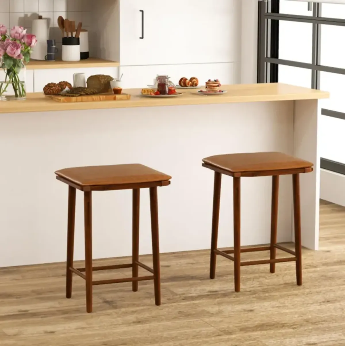 Hivvago Set of 2 25.5 Inch Barstools with Removable Cushion and Footrest