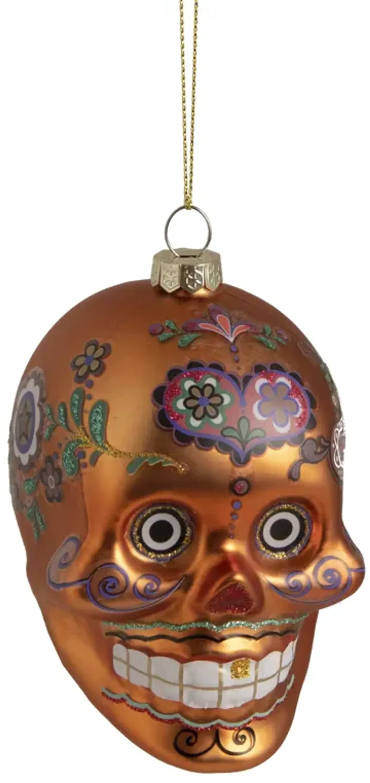4" Orange Day of the Dead Glass Skull Halloween Ornament