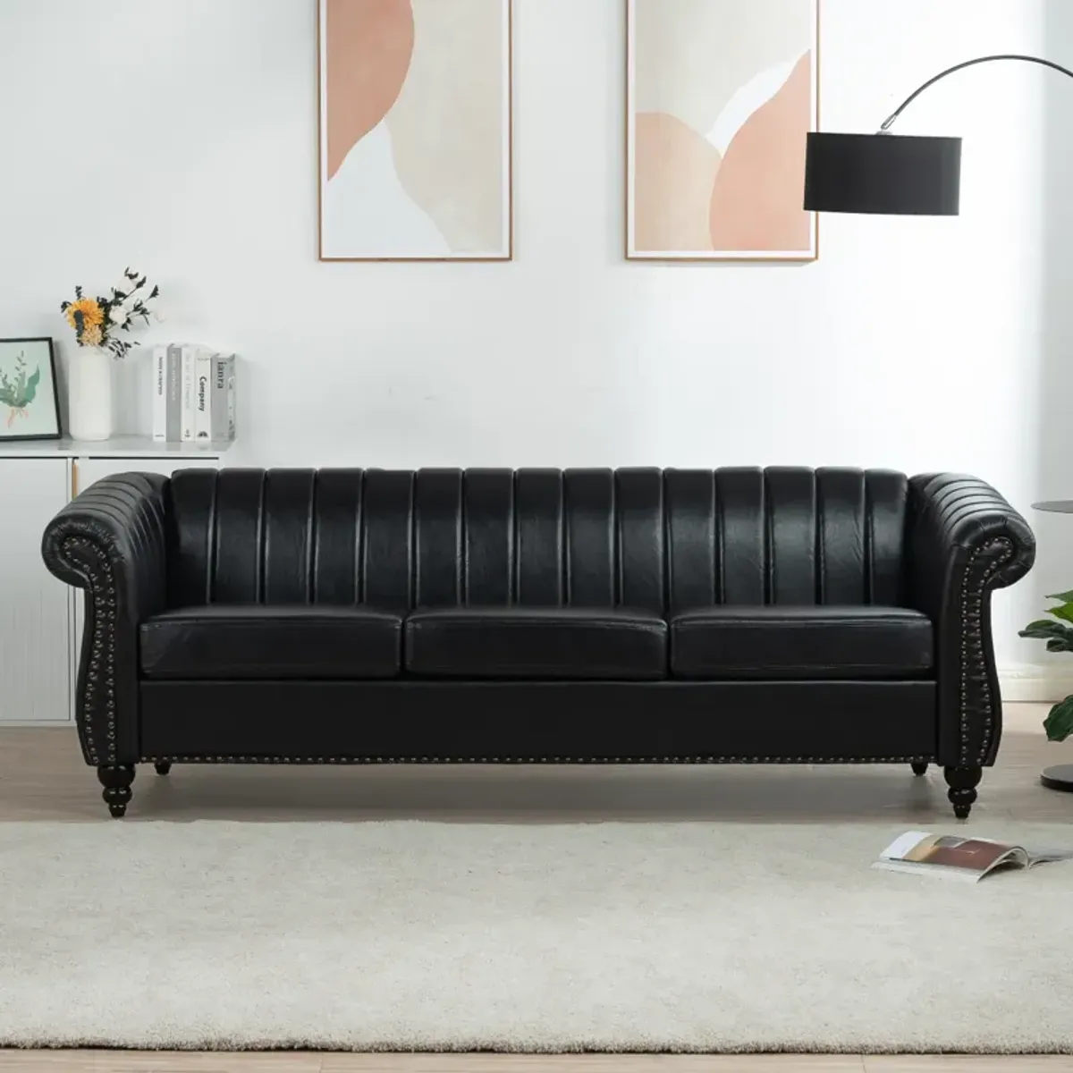 PU Rolled Arm Chesterfield Three Seater Sofa