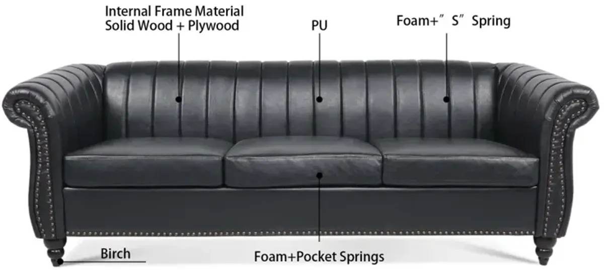 PU Rolled Arm Chesterfield Three Seater Sofa