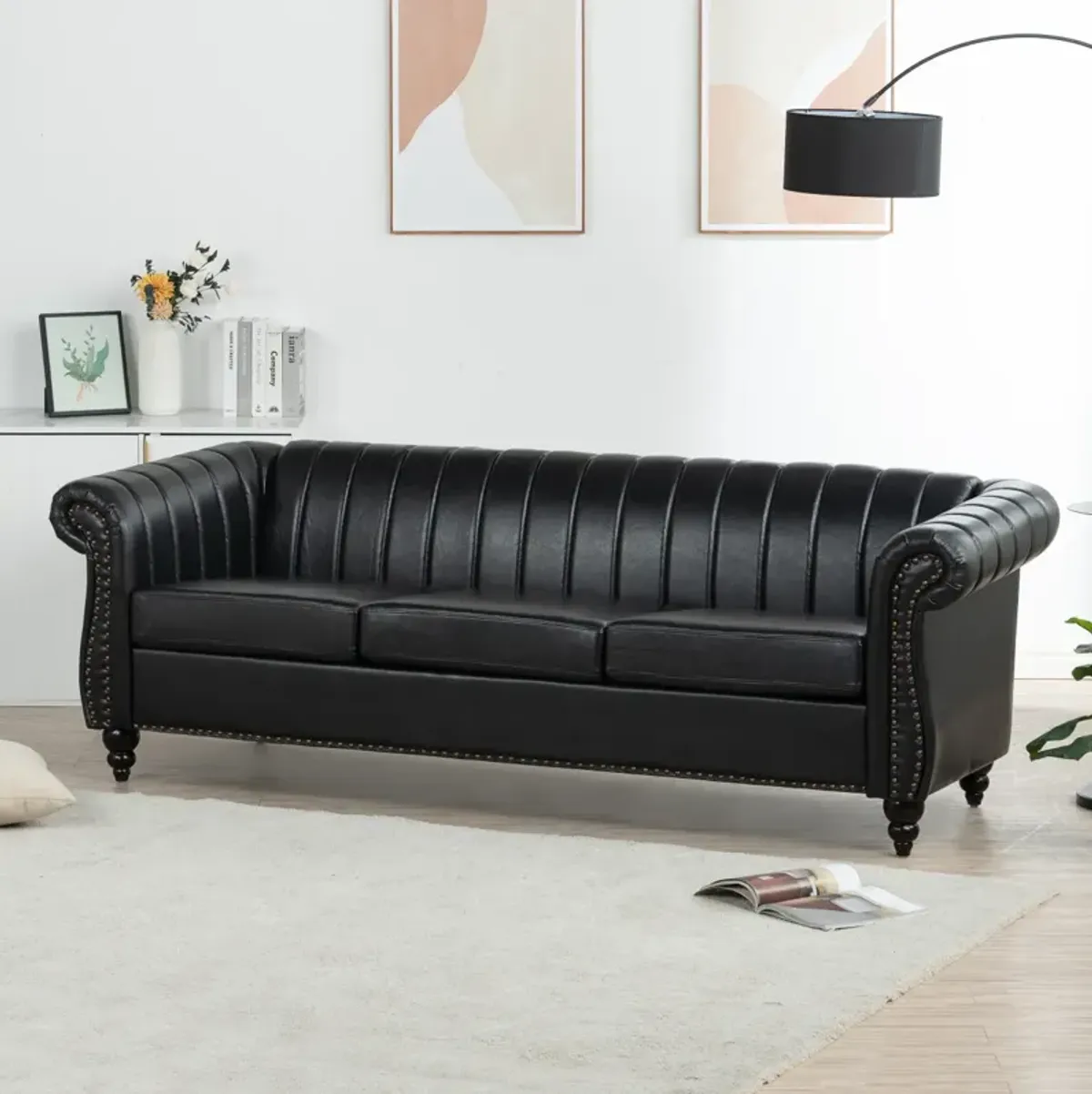 PU Rolled Arm Chesterfield Three Seater Sofa