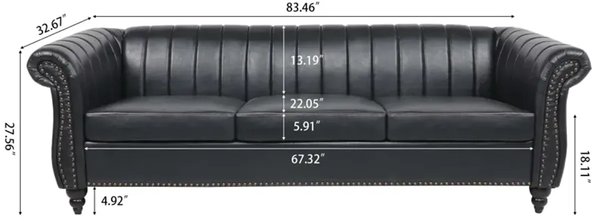 PU Rolled Arm Chesterfield Three Seater Sofa