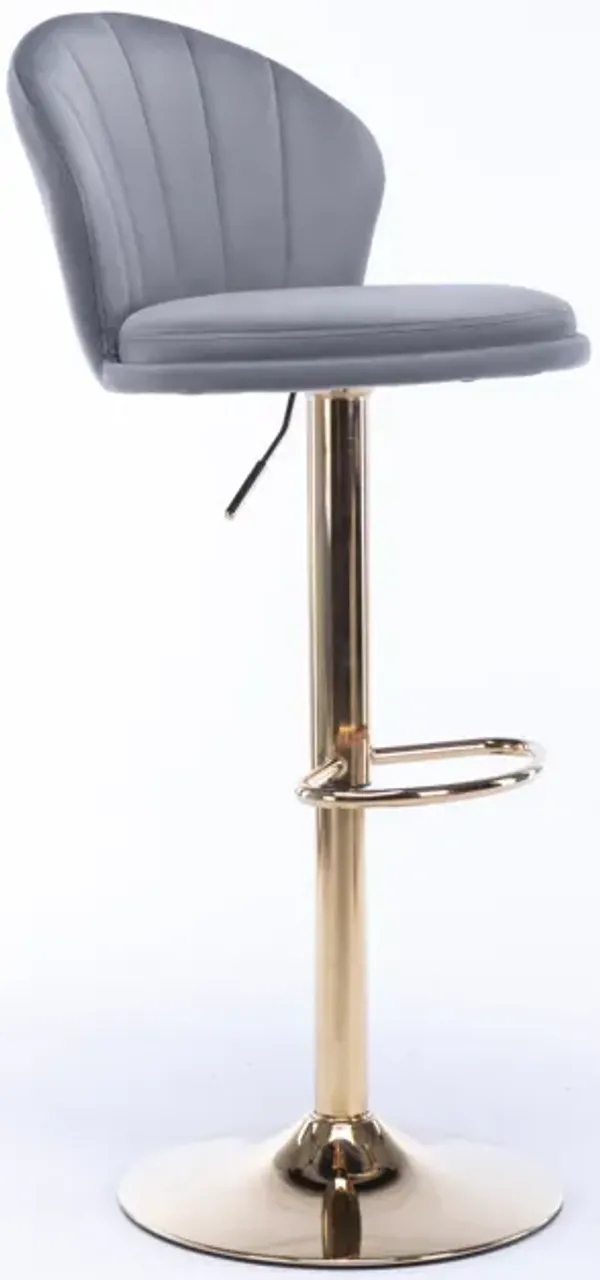 Set of 2 Bar Stools, with Chrome Footrest and Base Swivel Height Adjustable Mechanical Lifting Velvet + Golden Leg Simple Bar Stool-Grey