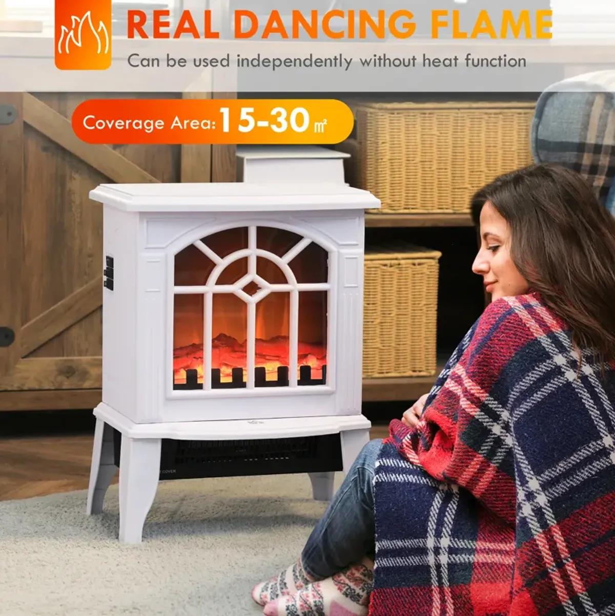 HOMCOM 18" Electric Fireplace Heater, Freestanding Fire Place Stove with Realistic LED Flames and Logs, Overheating Protection, 750W/1500W, White