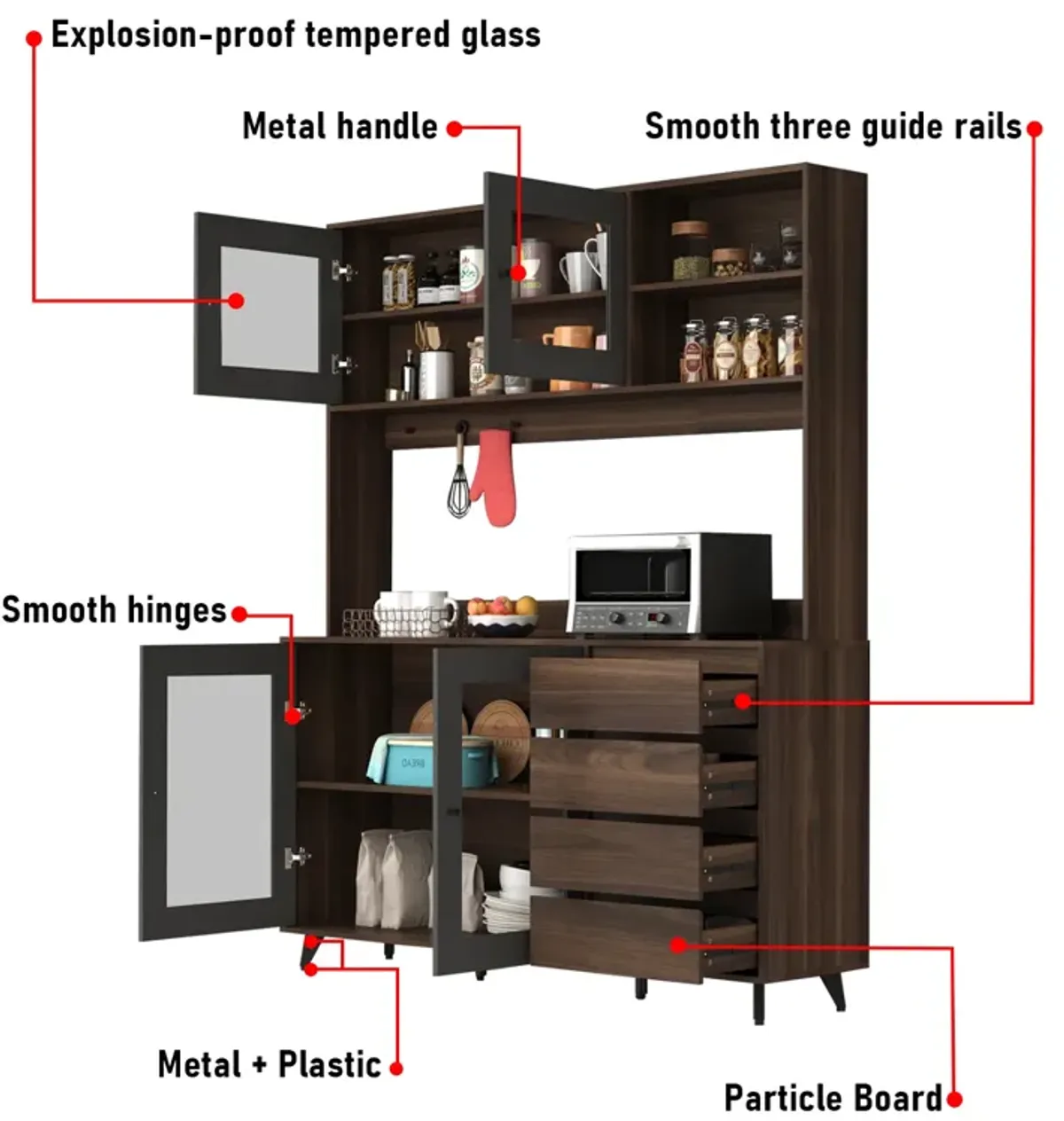 Brown Large Kitchen Pantry Cabinet Buffet with 4-Drawers Hooks Open Shelves and Glass Doors