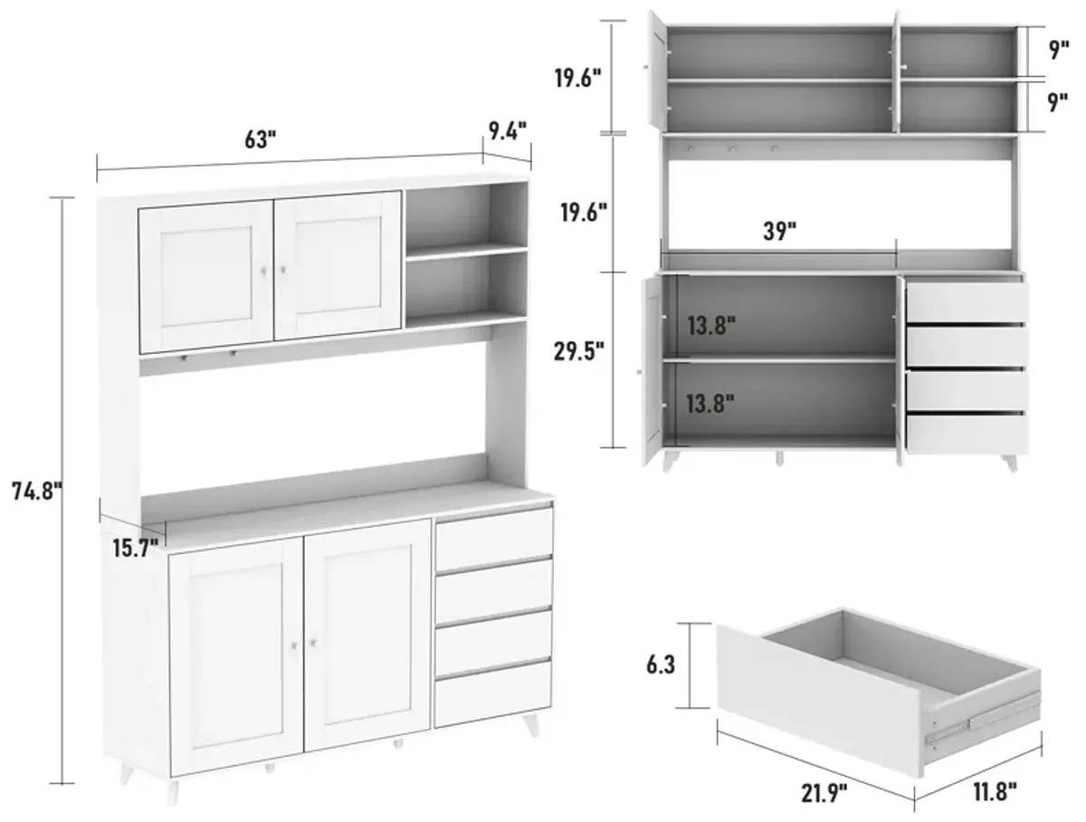 Brown Large Kitchen Pantry Cabinet Buffet with 4-Drawers Hooks Open Shelves and Glass Doors