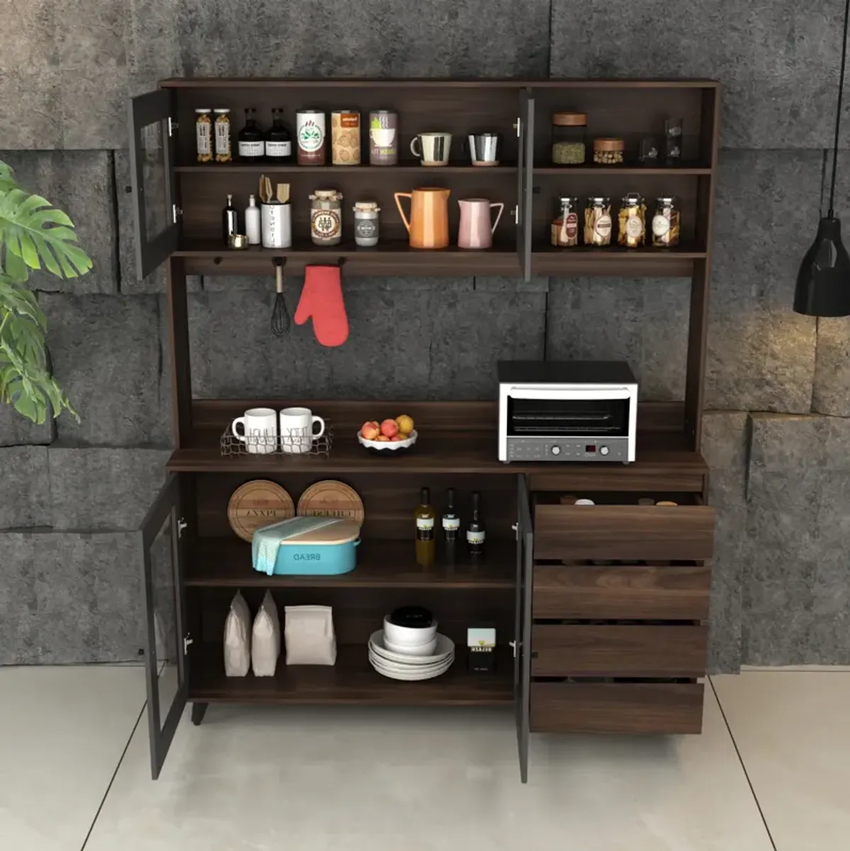 Brown Large Kitchen Pantry Cabinet Buffet with 4-Drawers Hooks Open Shelves and Glass Doors