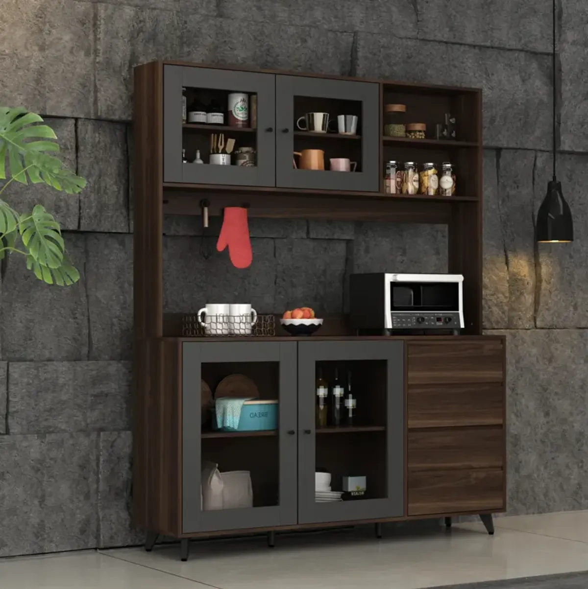 Brown Large Kitchen Pantry Cabinet Buffet with 4-Drawers Hooks Open Shelves and Glass Doors