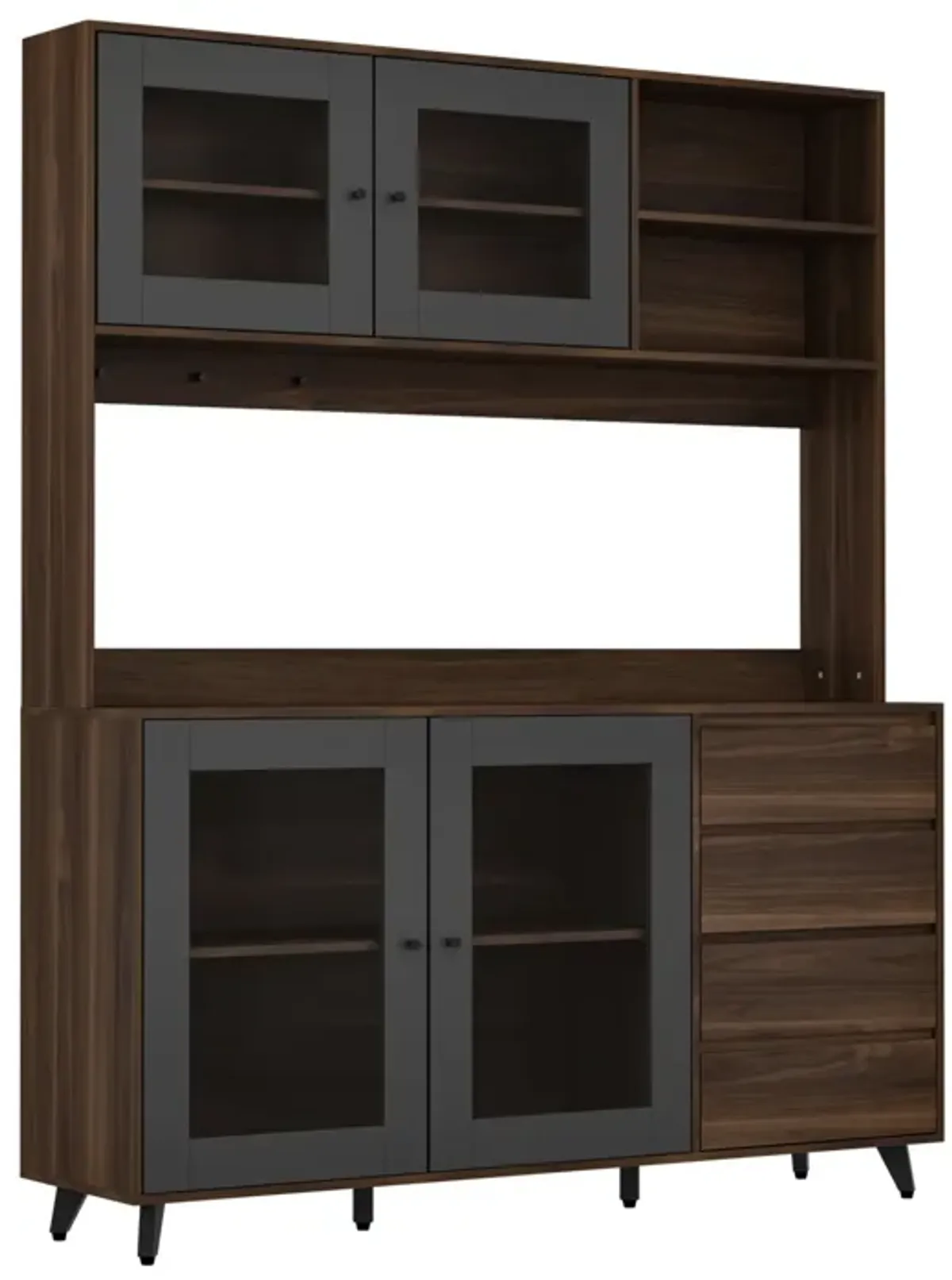 Brown Large Kitchen Pantry Cabinet Buffet with 4-Drawers Hooks Open Shelves and Glass Doors