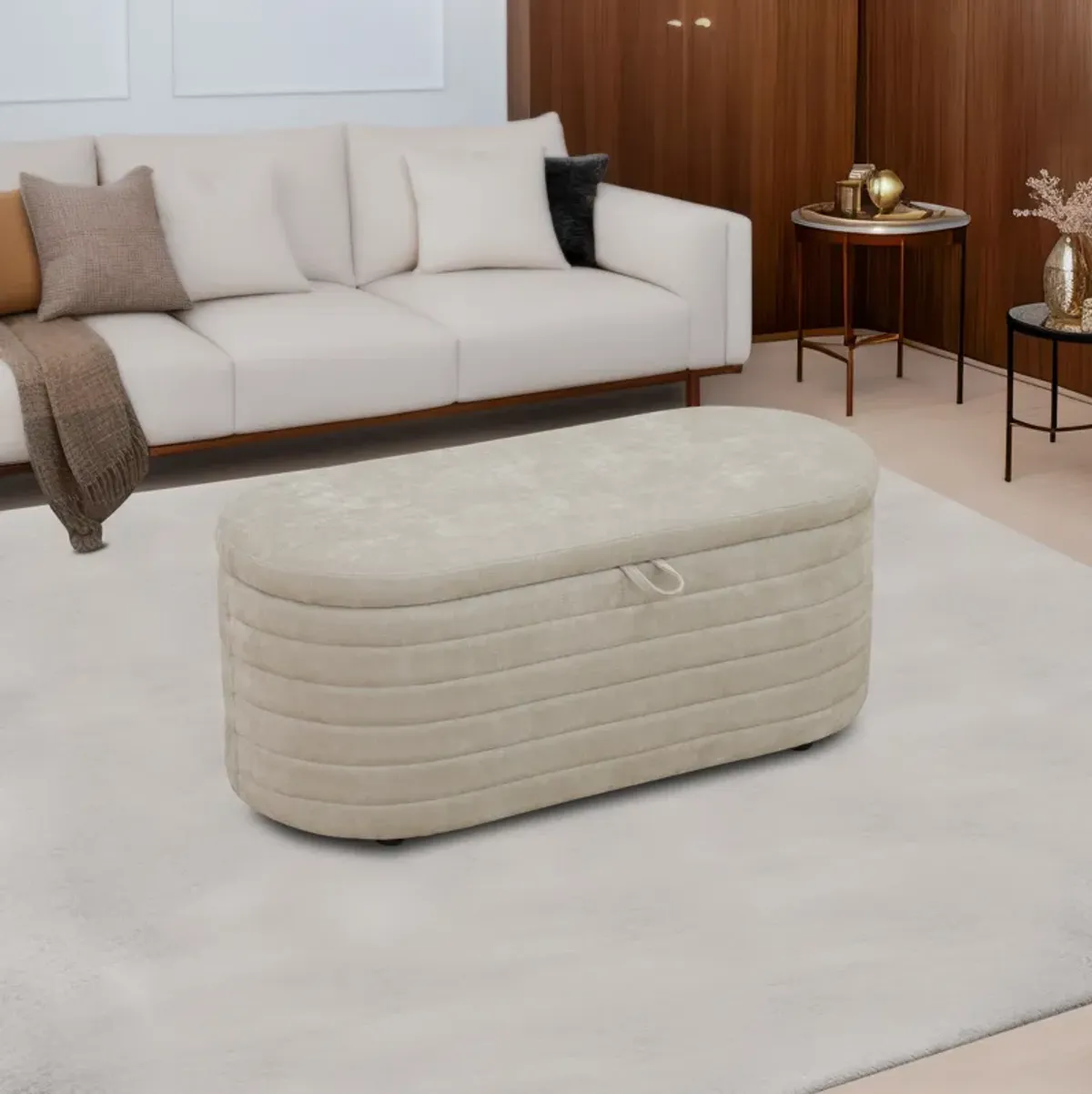 Light Tan Chenille Oval Ottoman with Storage