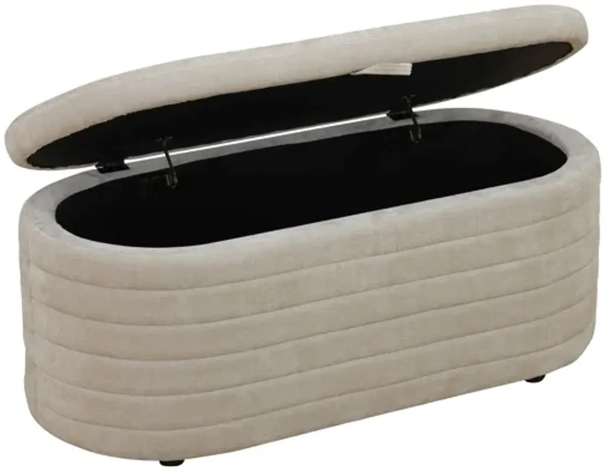 Light Tan Chenille Oval Ottoman with Storage