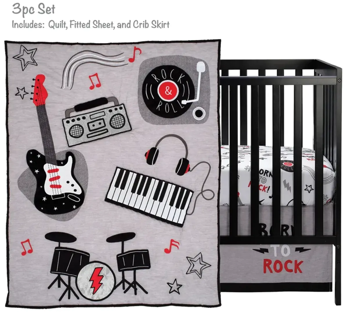 Lambs & Ivy Rock Star Musical Instruments 3-Piece Baby Crib Bedding Set - Gray