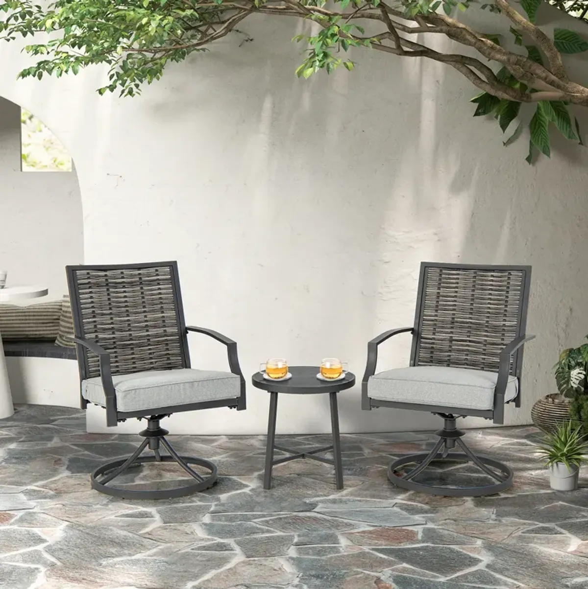 3 Piece Patio Swivel Chair Set with Soft Seat Cushions for Backyard