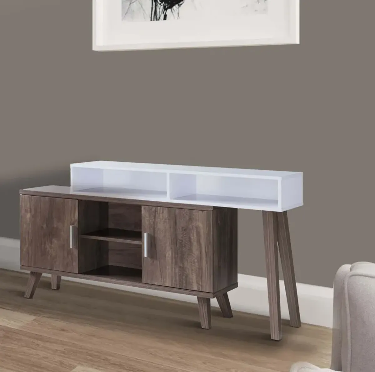 2 Tier Console Table with 4 Compartments and Cabinets, White and Brown-Benzara