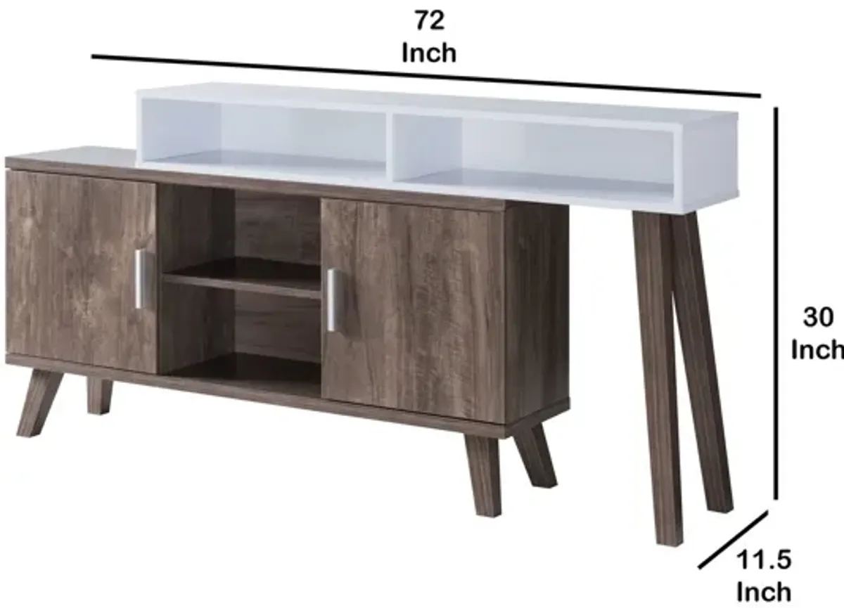 2 Tier Console Table with 4 Compartments and Cabinets, White and Brown-Benzara