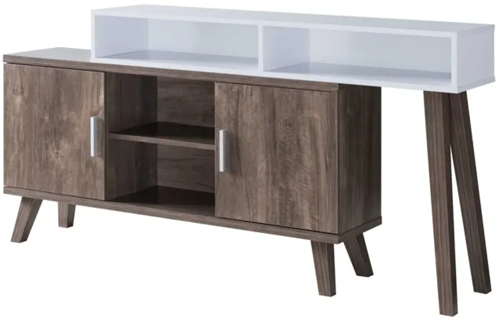 2 Tier Console Table with 4 Compartments and Cabinets, White and Brown-Benzara