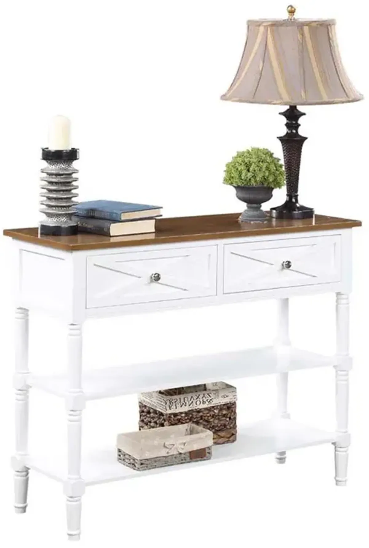 Convenience Concepts Country Oxford 2 Drawer Console Table with Shelves, Driftwood Top/White Frame