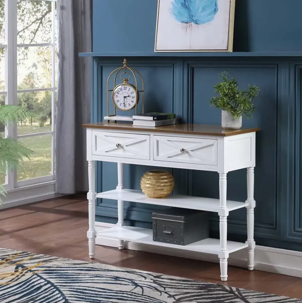 Convenience Concepts Country Oxford 2 Drawer Console Table with Shelves, Driftwood Top/White Frame