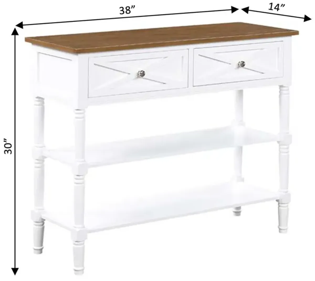 Convenience Concepts Country Oxford 2 Drawer Console Table with Shelves, Driftwood Top/White Frame