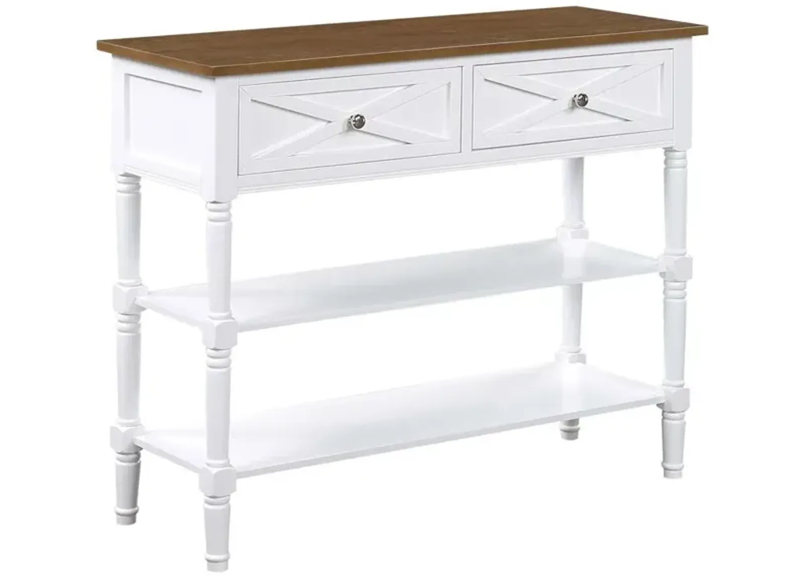 Convenience Concepts Country Oxford 2 Drawer Console Table with Shelves, Driftwood Top/White Frame