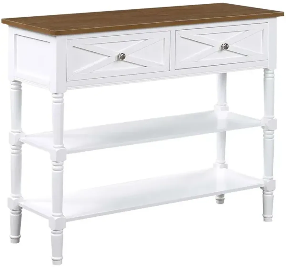 Convenience Concepts Country Oxford 2 Drawer Console Table with Shelves, Driftwood Top/White Frame