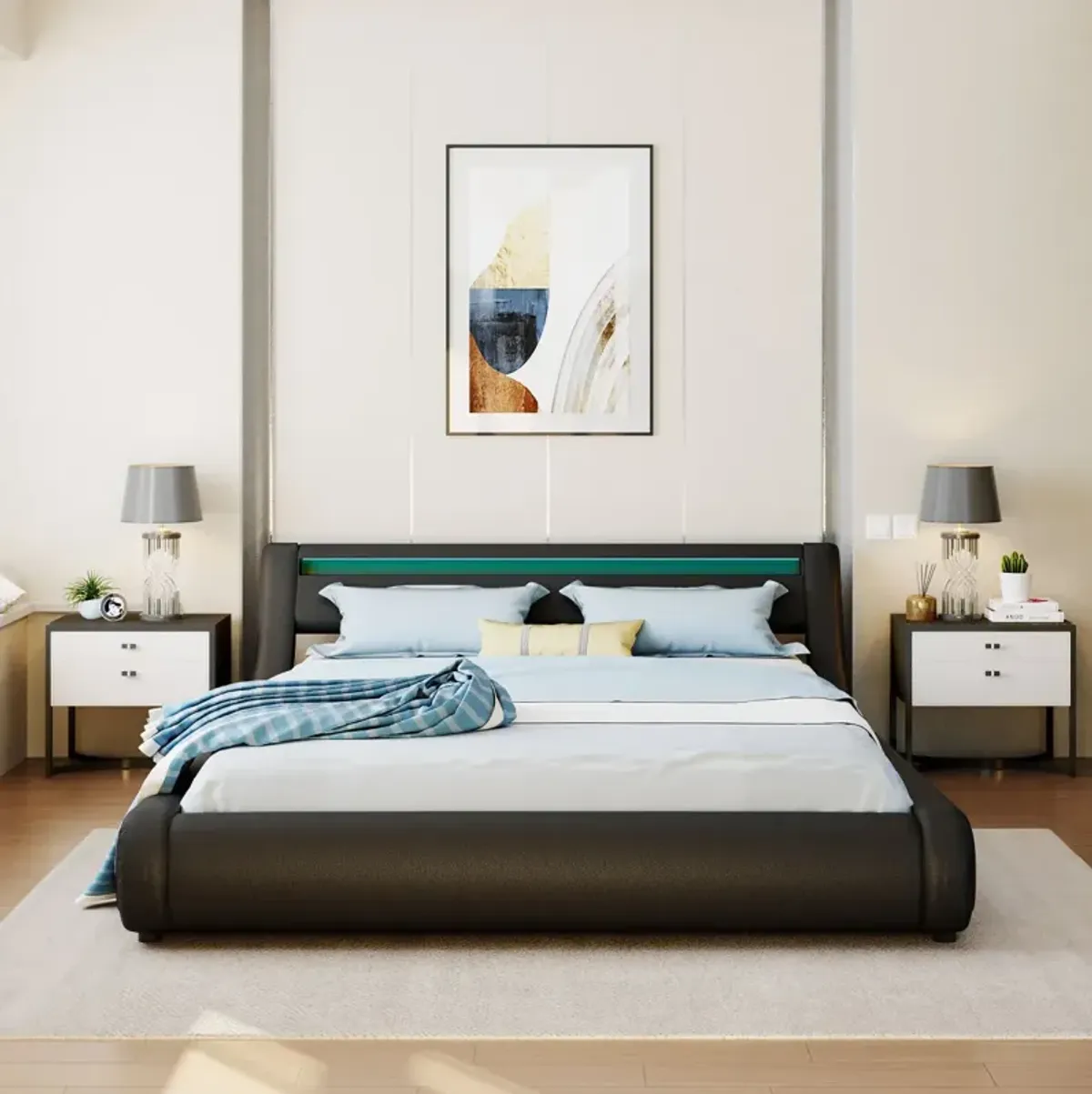 Upholstered PU Leather Platform Bed With A Hydraulic Storage System With LED Light Headboard