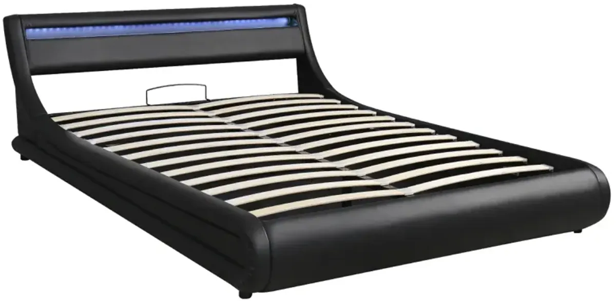 Upholstered PU Leather Platform Bed With A Hydraulic Storage System With LED Light Headboard